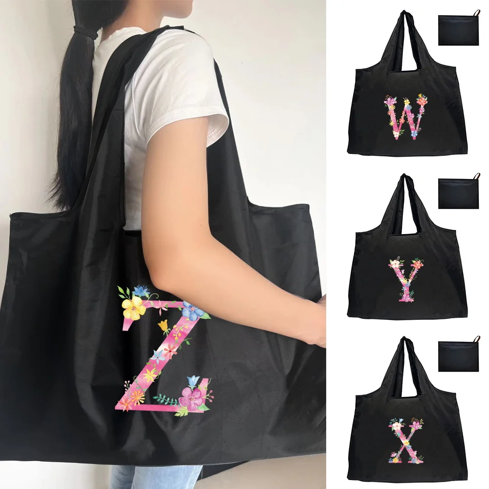 

Shopping Folding Pouch Handbags Picnic Storage Bag Large-Capacity for Travel Grocery Tote Beach Bag Pink Letters and Flowers2026