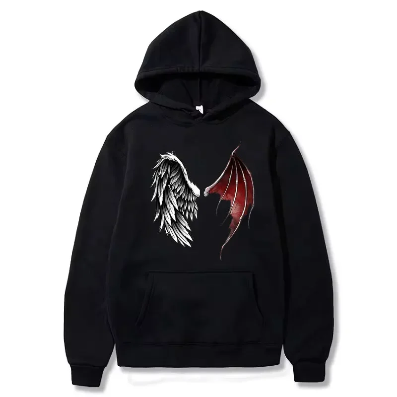 2024-2025 Demon And Angel Wings Print Hoodie Winter Fleece Long Sleeves Sport Jogging Pullover Sweatshirt Warm  Clothes