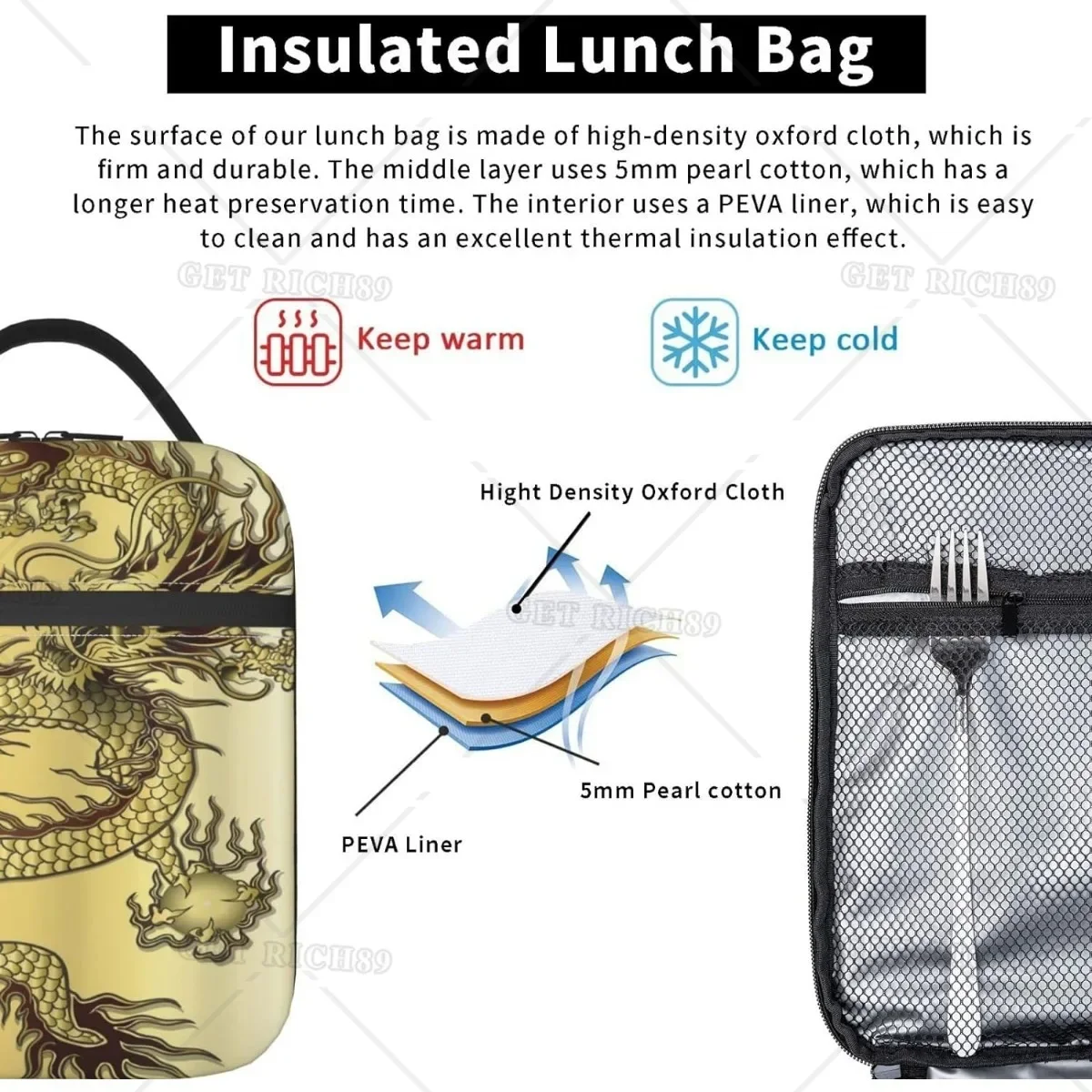 التنين الصيني موضوع خلفية مجردة حقيبة الغداء المحمولة للنساء/الرجال معزول علب الاغذية للعمل مدرسة برودة حمل حقيبة