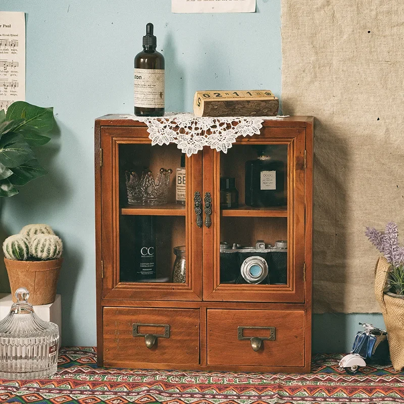 Nordic solid wood retro wood double door display cabinet sundry cosmetics storage cabinet drawer desktop storage box