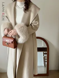 LANMREM Fox Fur High End Wool Coat For Women Big Lapel Double Sided Belt Overcoat Female Luxury Clothing 2023 Winter 2DA2595