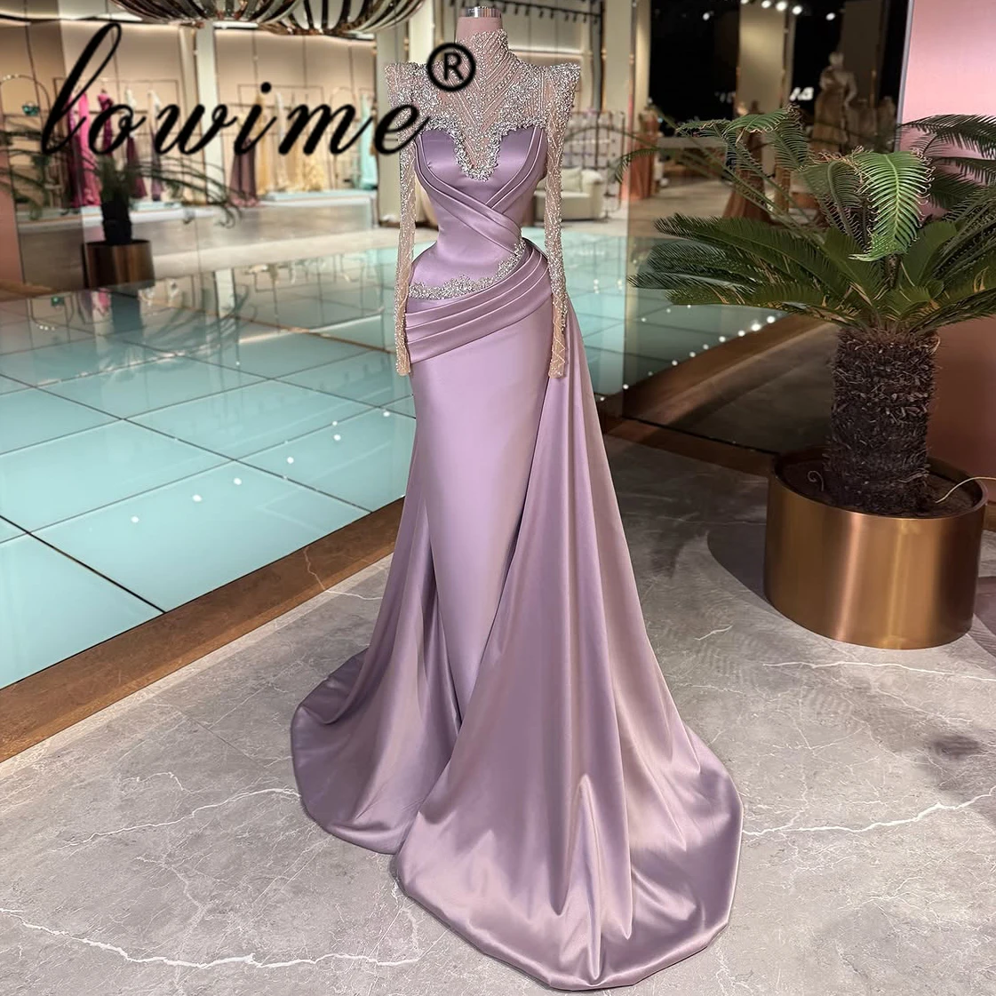 

Light Purple Satin High Neck Mermaid Formal Evening Dress Long Sleeve Dubai Prom Dress Elegant Crystal Cocktail Gown Customized