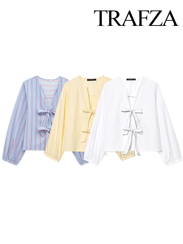 TRAFZA Dames Zomermode Blouses V-hals Strik Veters Poplin Kort Shirt Vrouwelijk Veelzijdig Chic Elegant Casual Vrouw Top