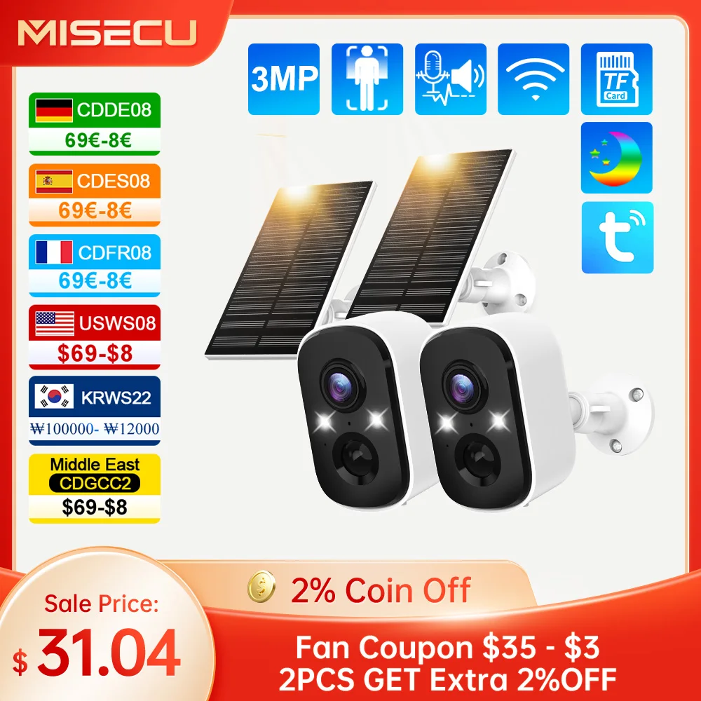 MISECU Tuya 3MP WIFI Security Battery Camera with Solar Panel Wireless Outdoor Human Detect Surveillance IP Camera Two-way Audio