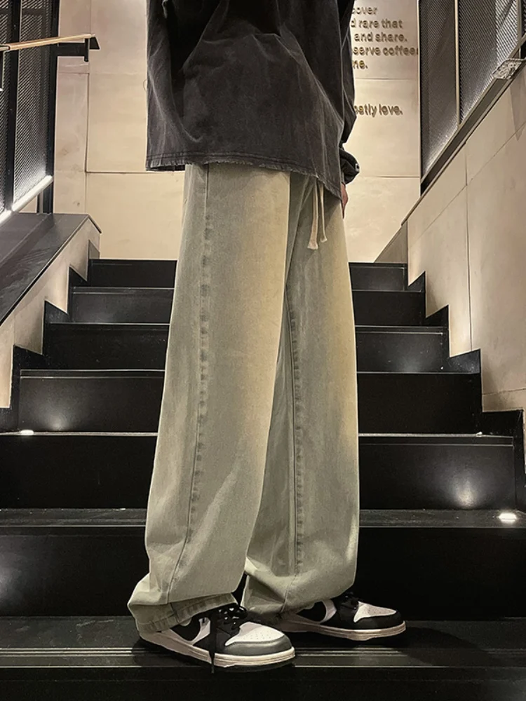 

Men's Loose Straight Leg Denim Jeans Pure Color Retro Mud Yellow Long Pants Casual Large Size Jeans Autumn Basic Sle