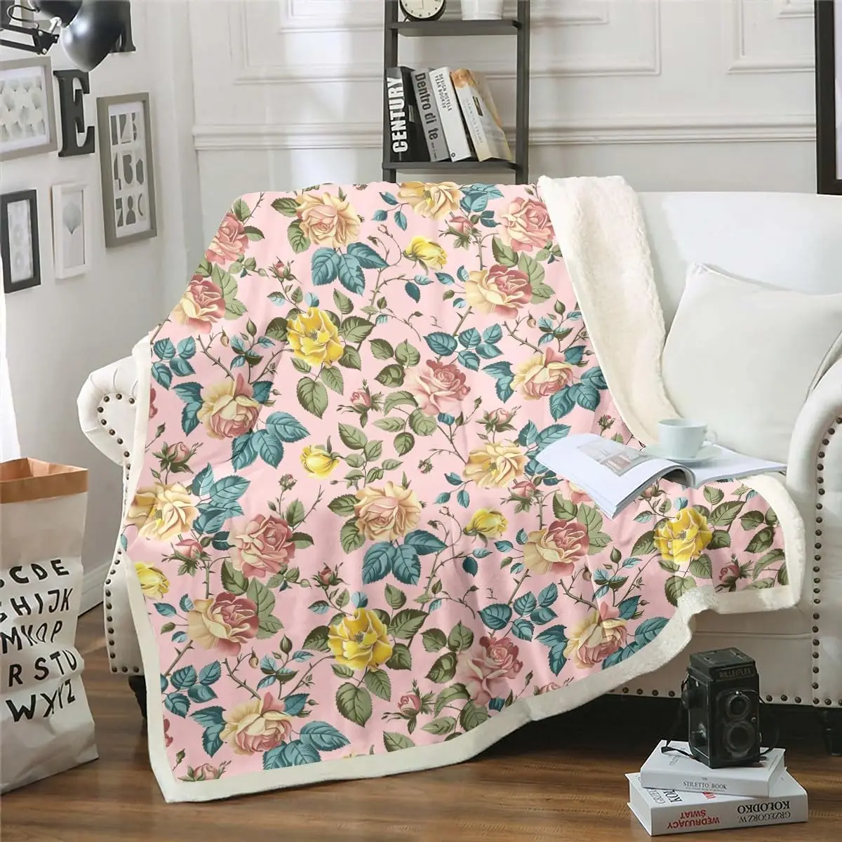 

Retro Pink Rose Print Floral Garden Flower Throw Blanket Botanical Herbs Flower Watercolor Blossom Plush Blanket Teens Decor