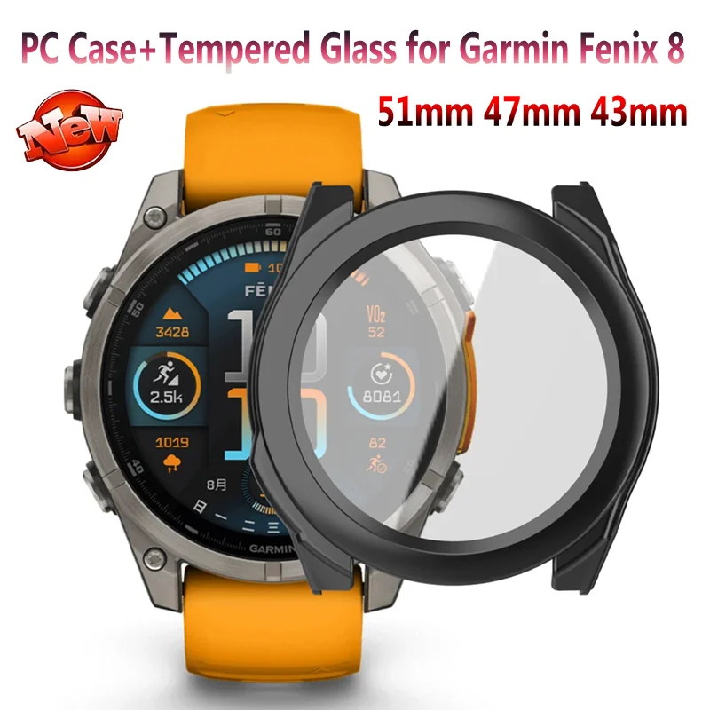 PC-Gehäuse + gehärtetes Glas für Garmin Fenix 8 51 mm 47 mm, Anti-Fall-Schutz, Stoßstangenabdeckung für Garmin Fenix 8 43 mm, Zubehör