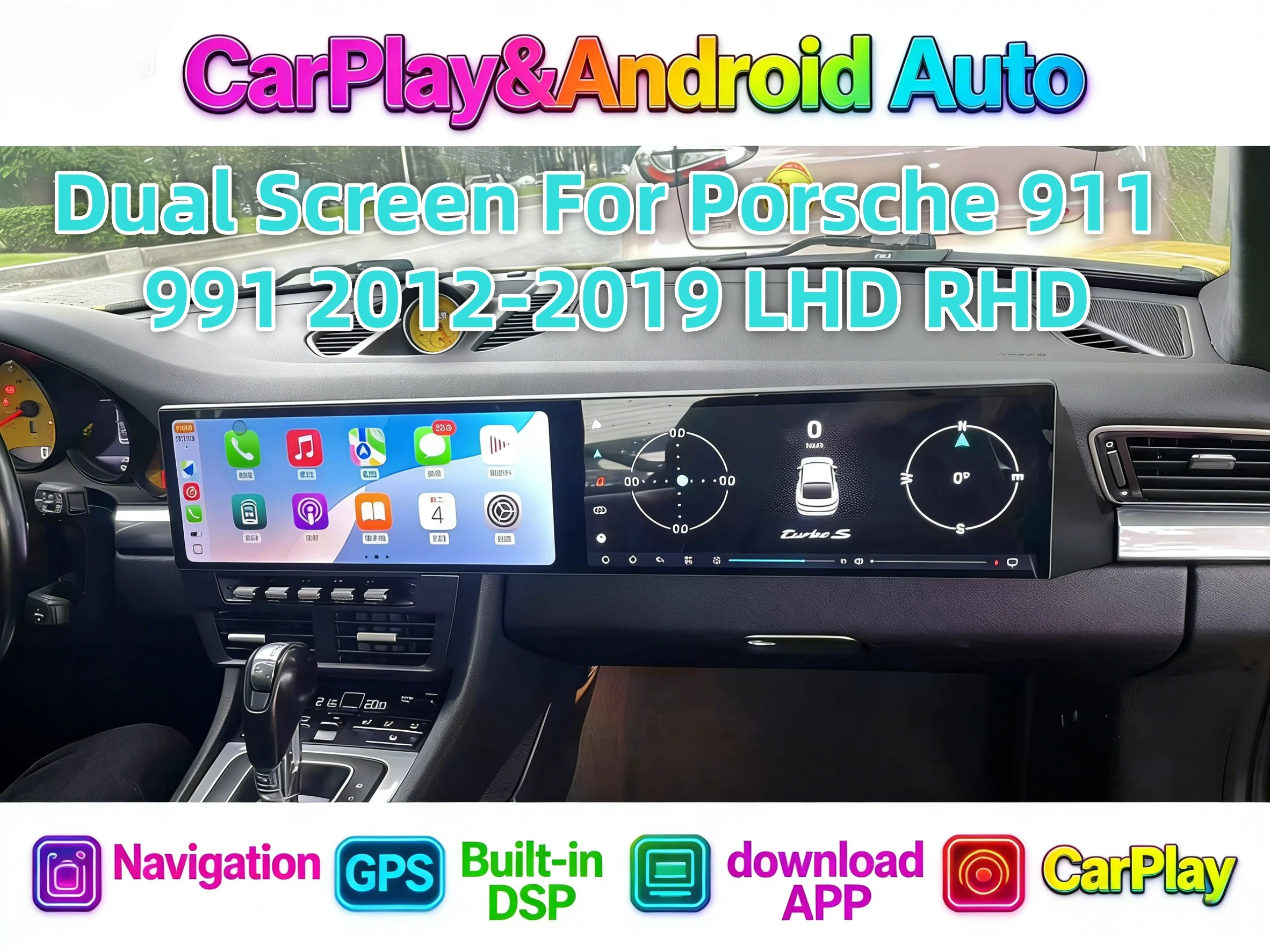 

24,6-дюймовый двойной экран Android Auto Wireless Carplay для Porsche 911 991 2012-2019, мультимедийный плеер, навигация, Bluetooth, LHD, RHD