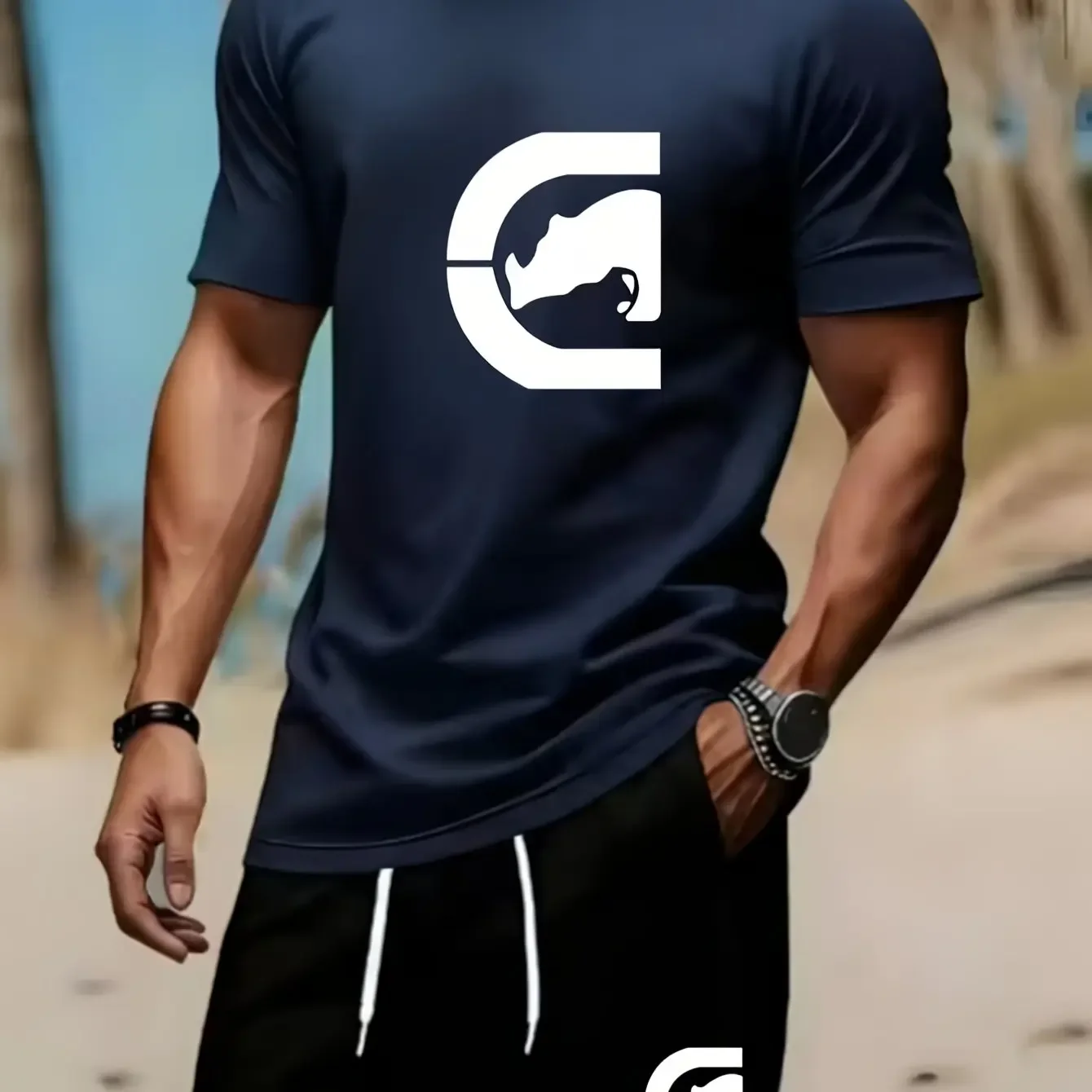 Men White Crew Neck T Shirt Minimalist C Frame ECKO Rhino Silhouette Print Oversized Street Casual Tee