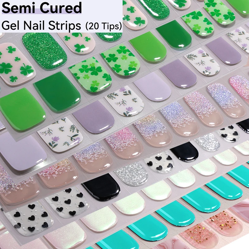 20Tips Hot Semi-cured Gel Nail Stickers Flower Color Glitter Nail Strips UV Lamp Full Nail For Women Sticker Nail Decor Manucure