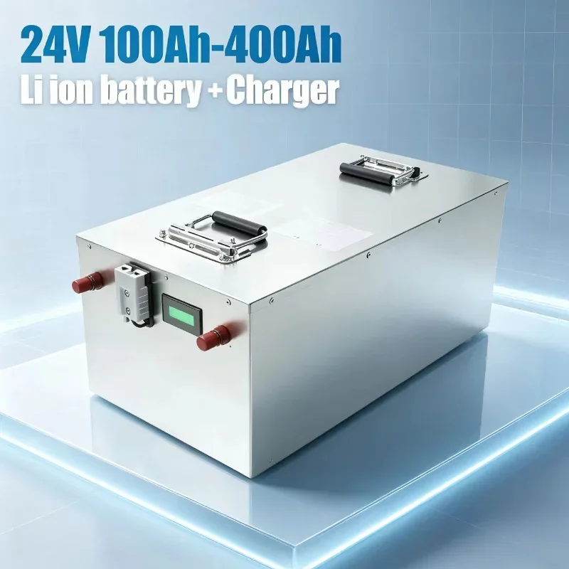 High Capacity 24V Rechargeable LiFePO4 Battery 100Ah‑550Ah Integrated BMS Plus Charger for RV Camping Solar Off‑Grid Home Invert