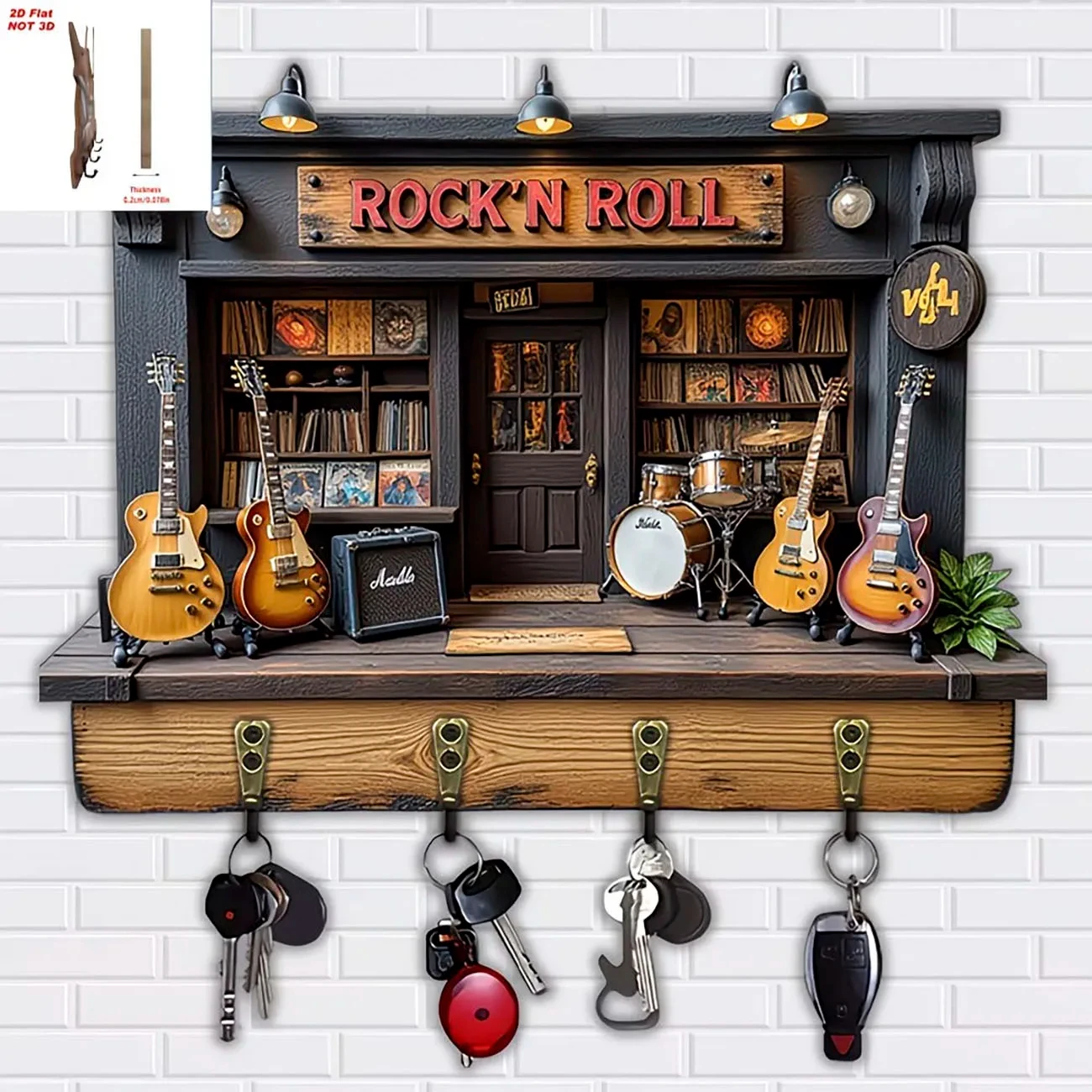 Porta Llaves con Diseño de Guitarra de Rock 'N Roll, Impresión Plana 2D, para Montar en la Pared, con 4 Ganchos, Decoración para el Hogar para Amantes de la Música, Organizador de Llaves