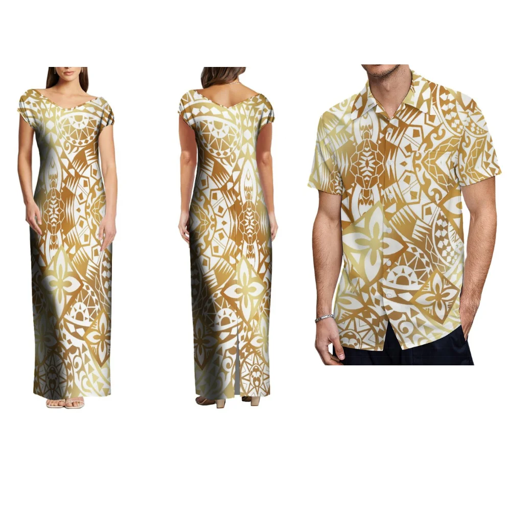 Ensemble de Couple polynésien, robe de soirée d'été, Samoan, hawaïen, fidjien, Tribal, imprimé, chemise pour hommes et femmes