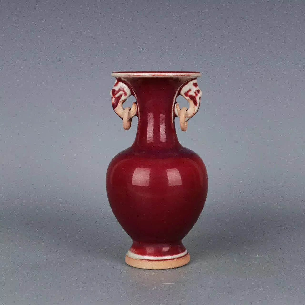 Chinese Red Glaze Porcelain Vase Song Jun Kiln Binaural Shape 8.66 inch