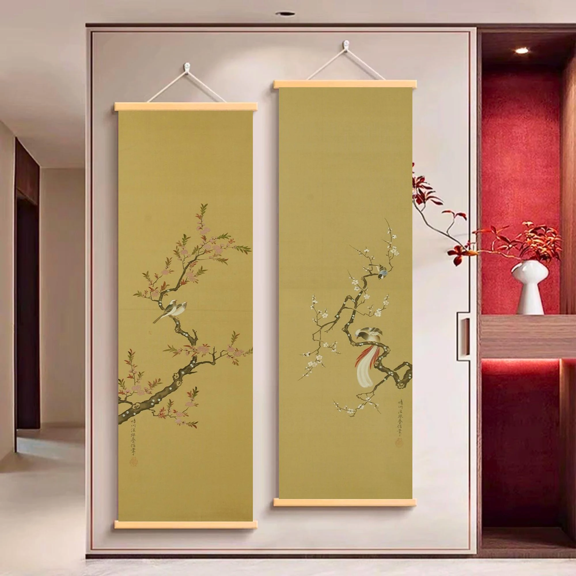 Retro antique Japanese hanging scroll painting, flower and bird painting wall decoration, Asian art home decoration