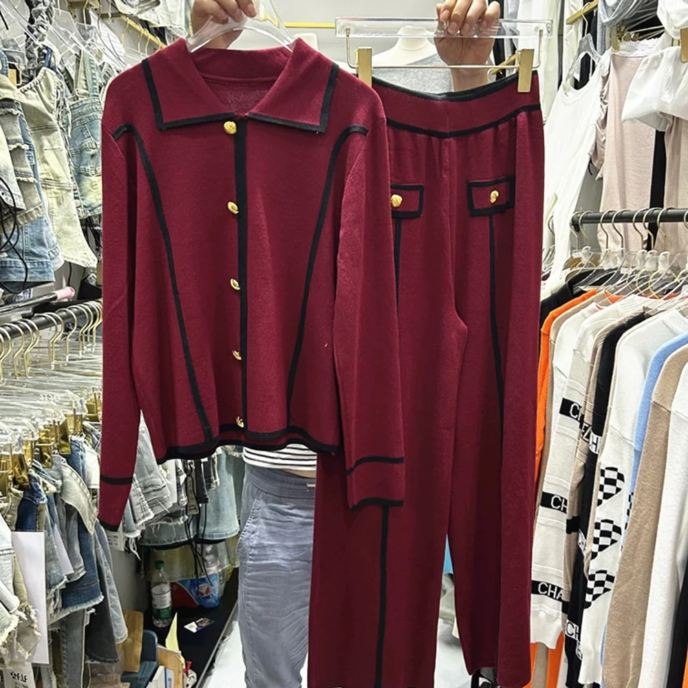 

Colorblock knitted long-sleeved knitted top + elastic waist knitted trousers two-piece set-GZTZ044