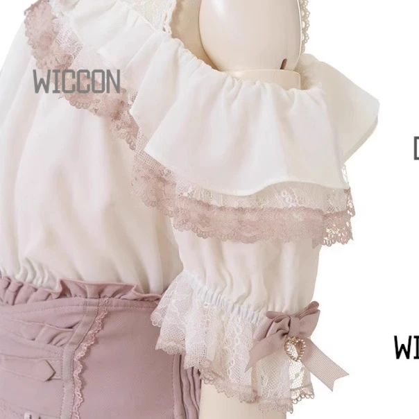 Japanese Girly Lolita Blouse - Sweet Lace Off-Shoulder Top for Daily Wear & Cosplay Gothic  Fairy Kei Style Halloween Ready