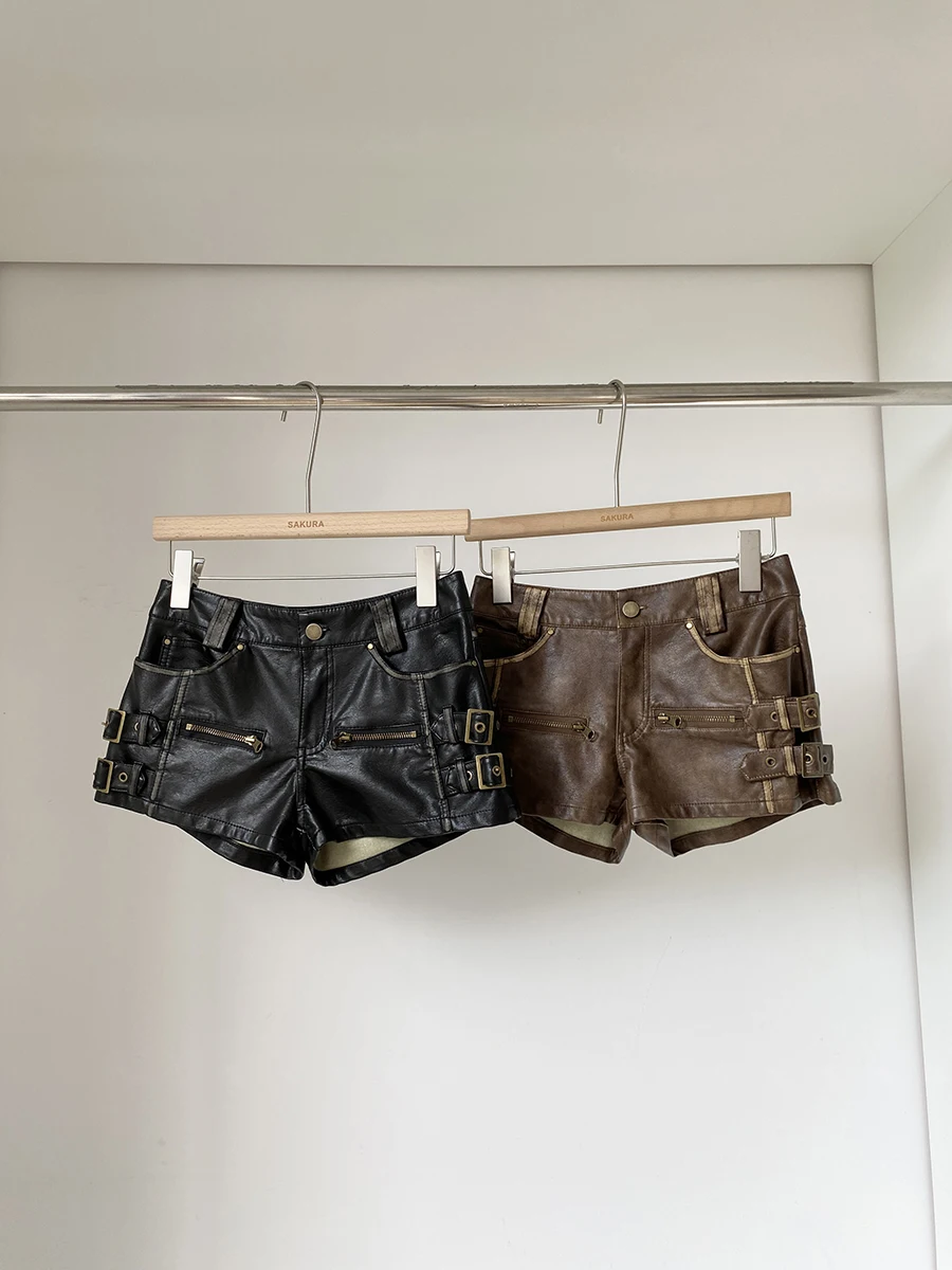 2025年夏新作 アメリカンスタイル レトロ ローウエスト PUレザー ショートパンツ レディース デザイン スリムフィット お尻カバー ホットパンツ トレンド