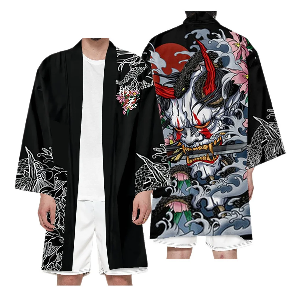 Creative Pattern Cardigan Harajuku Long Style Kimono Women Men Japanese Street Samurai Demon Cosplay Yukata Tops Large Size 6XL