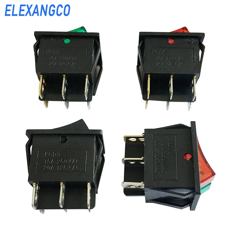 3PCS KCD8-212 Duplex Boat Rocker Switch 6 Pin 2 Position DTSP On-Off Control Green Red 16A 220V Luminated Power Switch