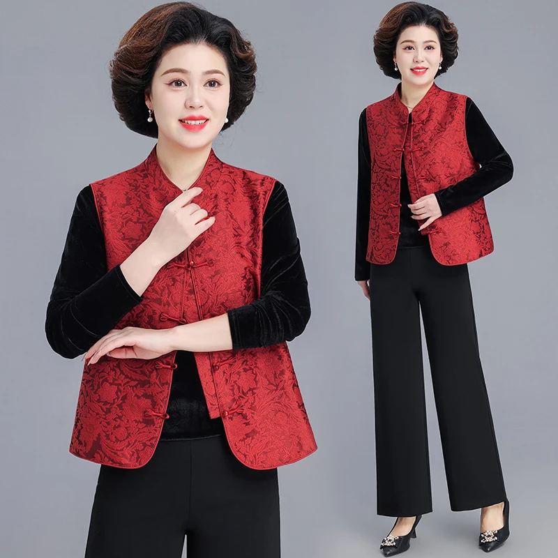 

New Chinese Sle Women's Jaet Vest Spring Autumn Faionable Middle-Aged And ly Outerwear Breathable round Hem Open C...