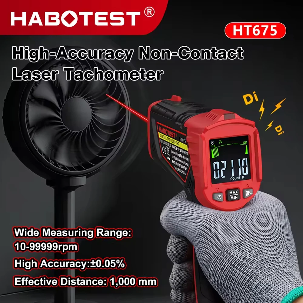 HABOTEST HT675 Non‑Contact Laser Tachometer 10‑99999RPM Handheld RPM Meter Max‑Min Data‑Hold Auto Power‑Off for Motor Speed Test