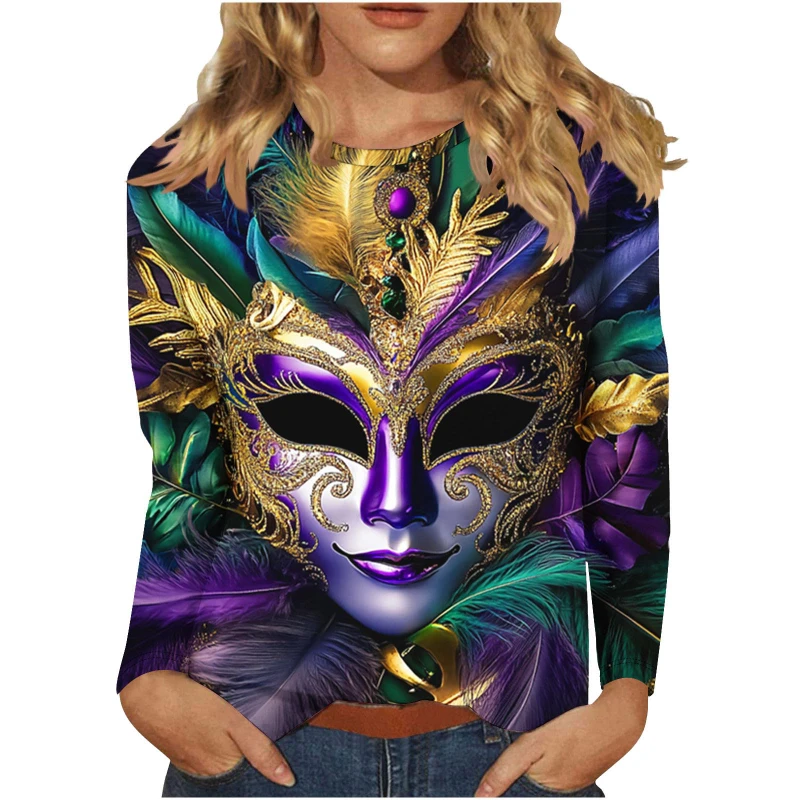 Mardi Gras Women Casual T-Shirts 3D Full Print Carnival Mask Party Clothes Pop Long Sleeve T Shirt Round Neck Oversized Tees Top