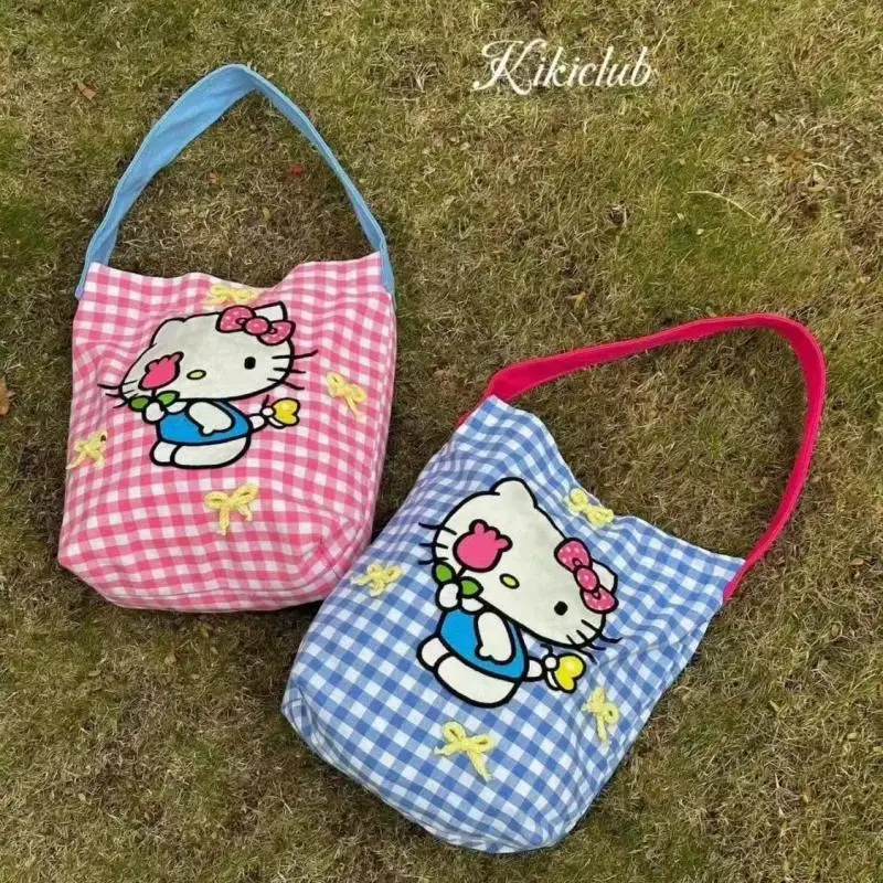 Kawaii Sanrio Hello Kitty torebka Anime urocza kreskówka różowa krata damska przenośna torba pod pachę z płócienną torbą o dużej pojemności