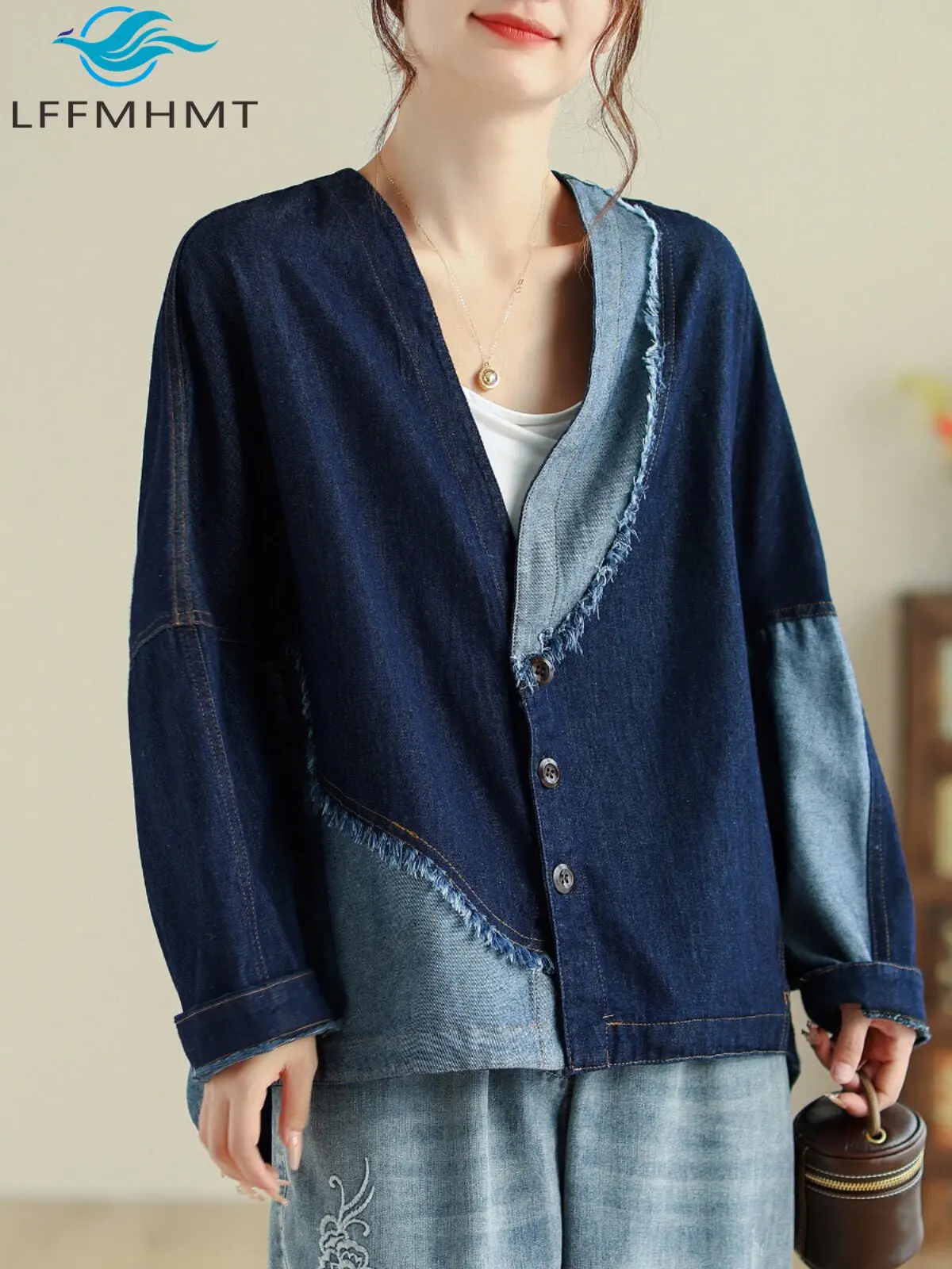 Women Unique Design Vintage Patchwork Splicing Frayed Short Version Jacket Casual V Neck Open Stitch Versatile Outerwear Coats