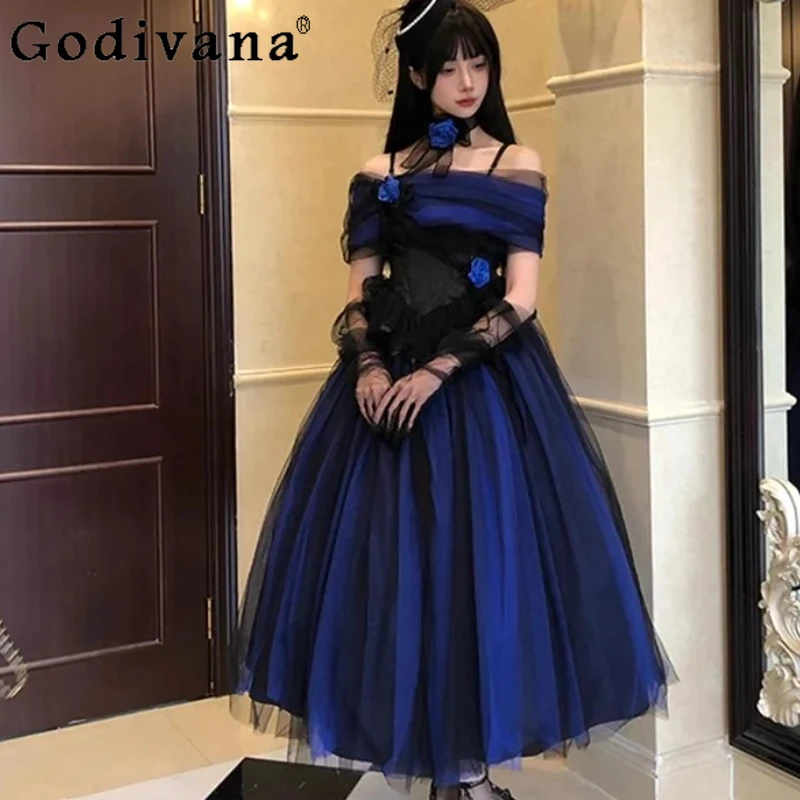 

Elegant Black Blue Gauze Splicing Lolita Temperament Elegant Princess Dress Sweet Girl High Waist Slash Neck Fashion Dresses