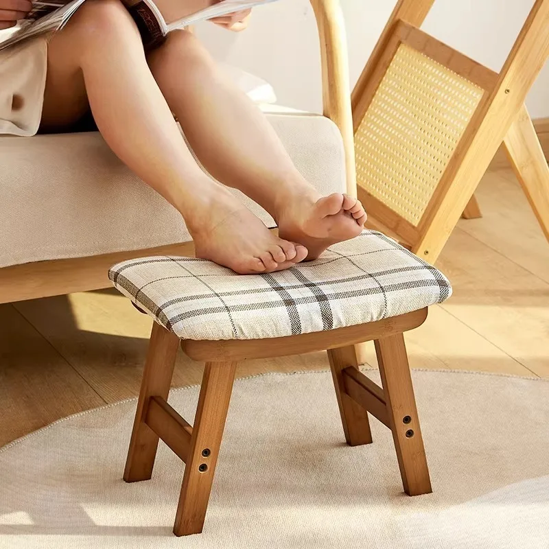 Curved Small Stool, Wide Removable Washable Seat Ottoman Pouf, Footrest and Entryway Shoe Bench, Comfy Linen Fabric Accent Stool