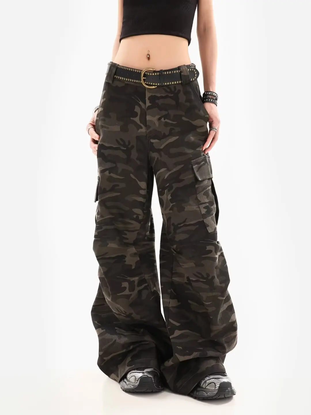 Mono informal Retro americano para mujer, pantalones de pierna ancha holgados de camuflaje para mujer Y2k, pantalones holgados estilo Hip-hop Cargo Grunge