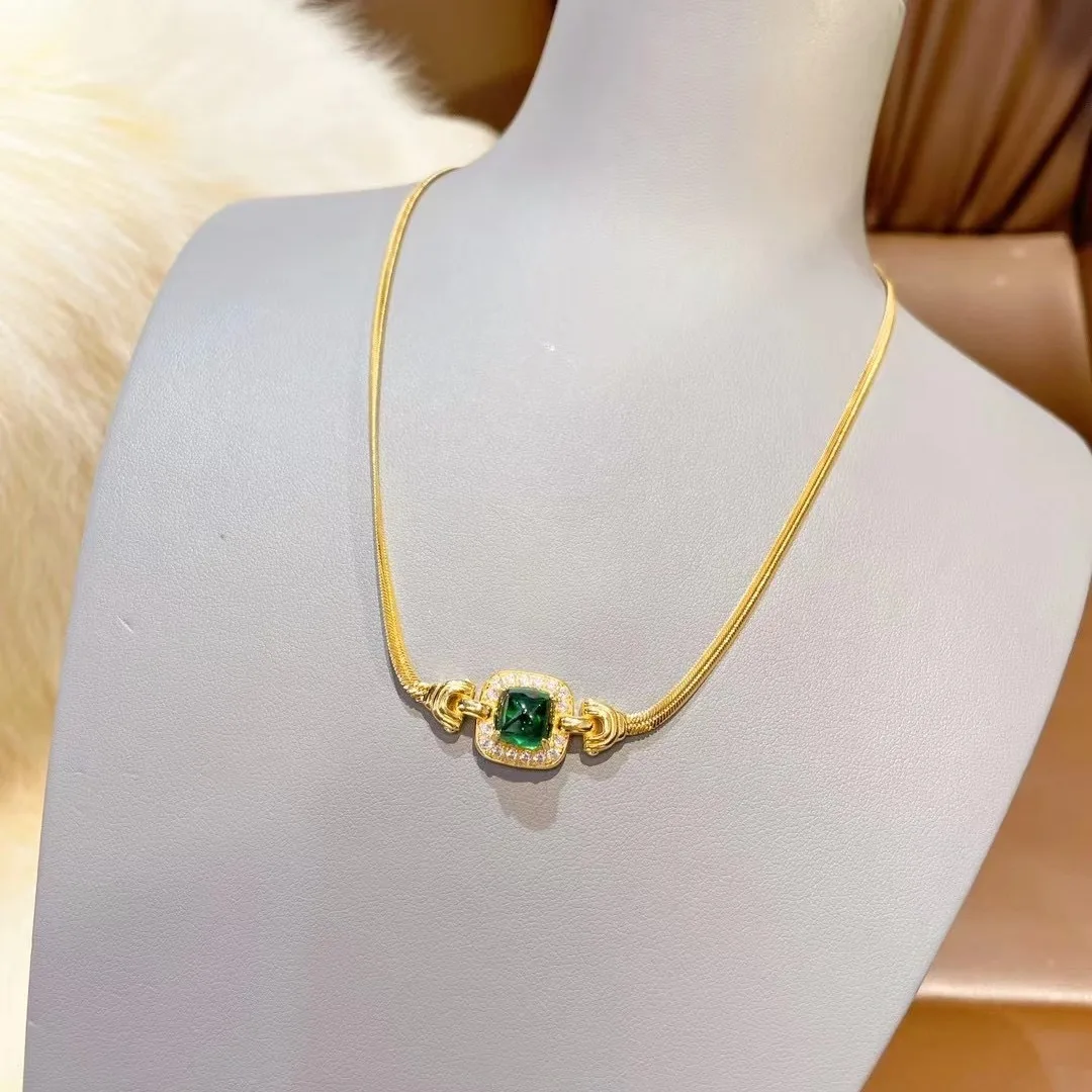 

BELLUX 925 Silver Gold Plated Synthetic CZ High Carbon Diamond Muzo Emerald Sugarloaf Cut Snake Chain Necklace