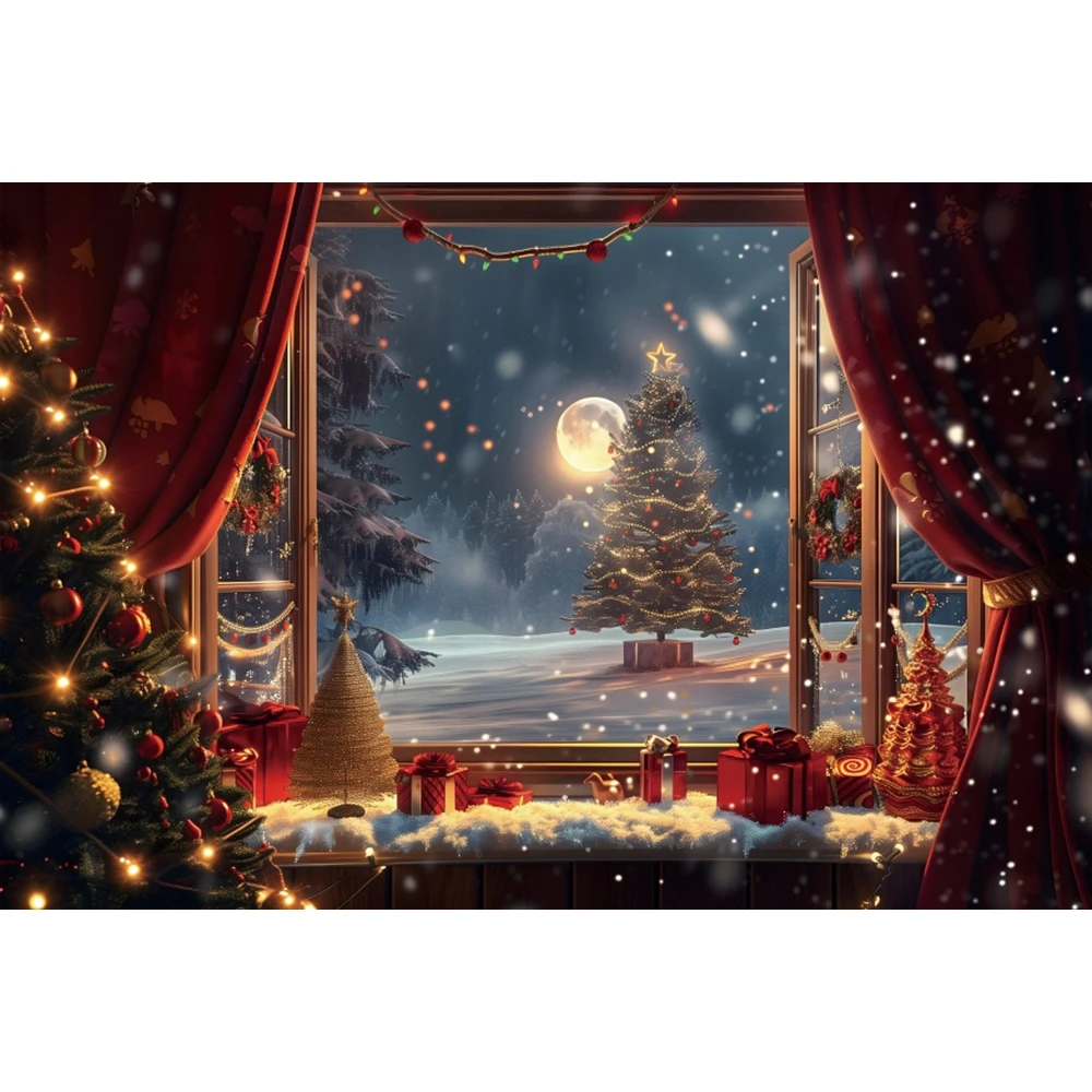 Christmas Photography Backdrop Xmas Tree Winter Window Fireplace Santa Claus Gifts Xmas Eve Family Party Decor Photo Background