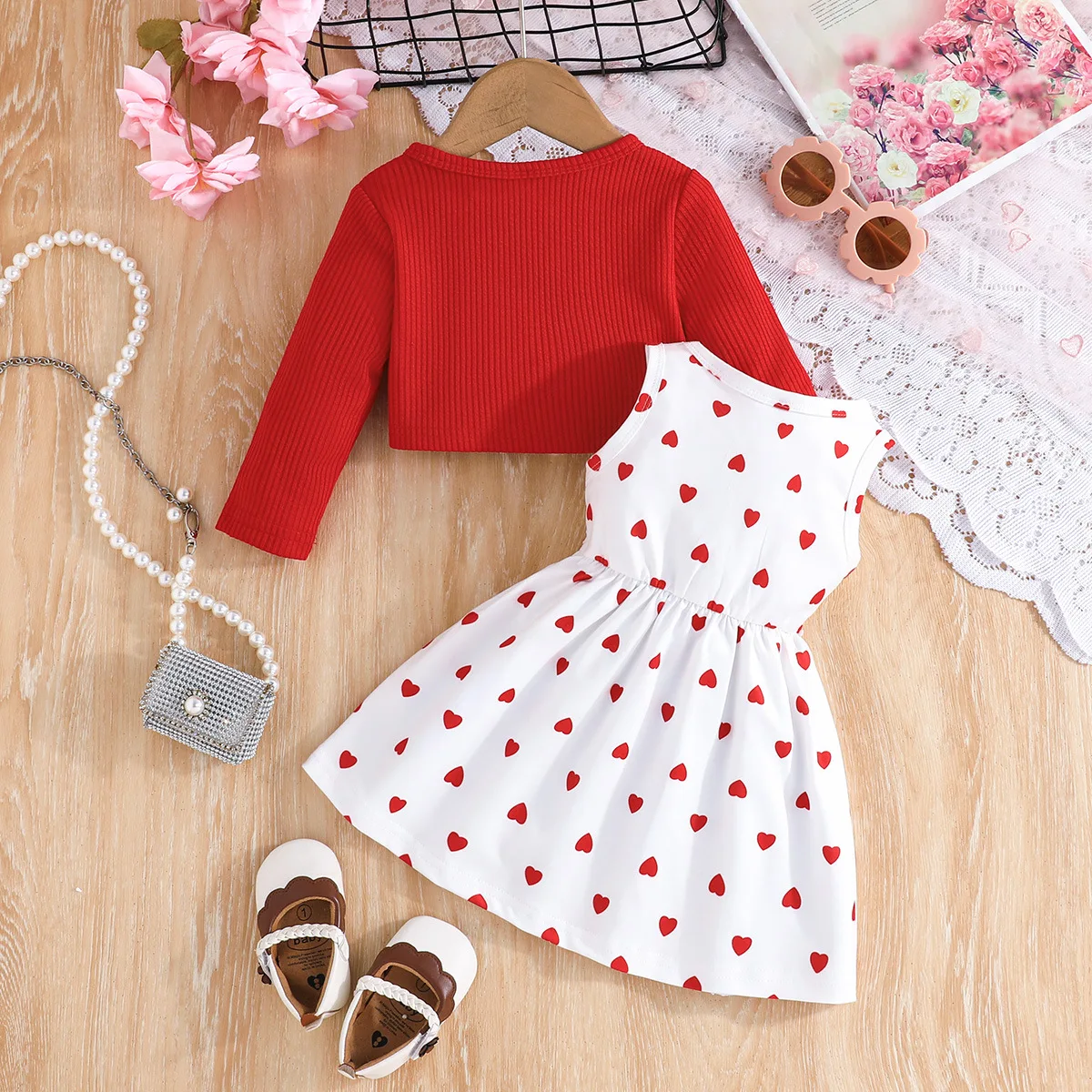 2024 New Winter Children Sets Long Sleeve Ruffles T-shirt Bow Print Heart Dress 2 Pcs Roupa Infantil Menina Clothes Sets 6M-3T