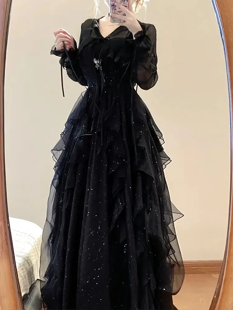 

Y2k Black Slim Waist Mid-length Camisole Dress+ Thin Mesh Long Sleeve Sun Protection Coat 2025 Sumemr New Two Piece Sets