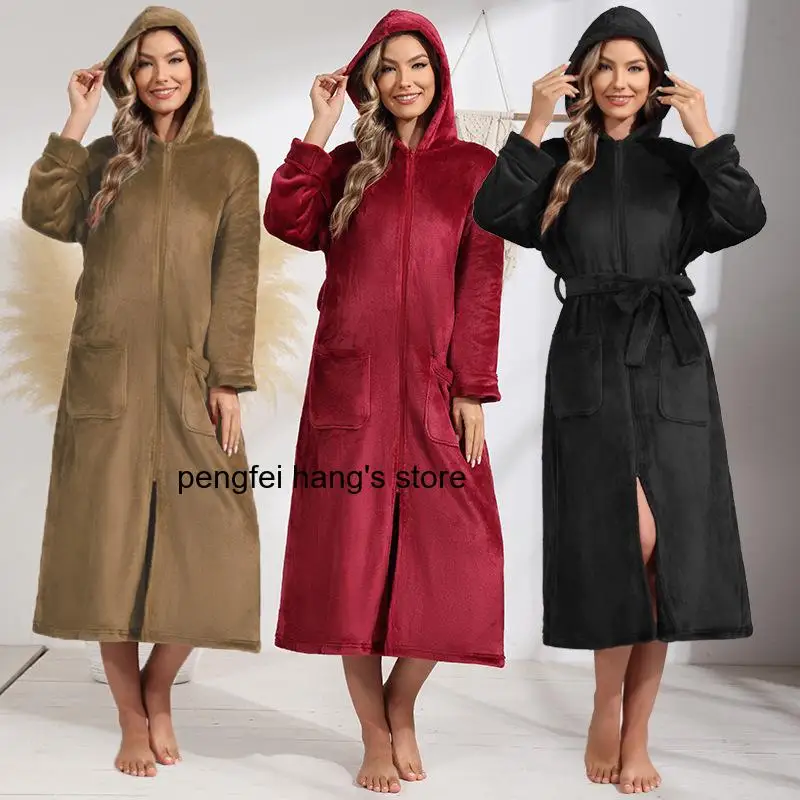 

Women's Autumn Winter Bathrobe, Plus Size Long Flannel Coral Fleece Robe, Warm Cozy Casual Loungewear Suitable for Outdoor Wear