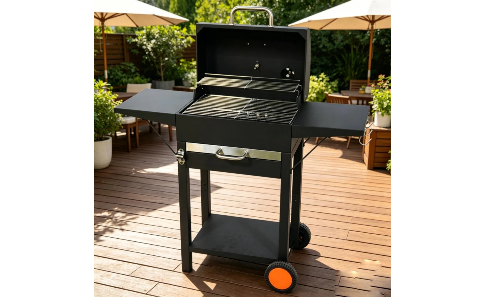Wheeled Charcoal Barbecue Grill Domed Lid Trolley-Design Charcoal Grill Outdoor Cooking Upper Air Vent Chimney Temperature