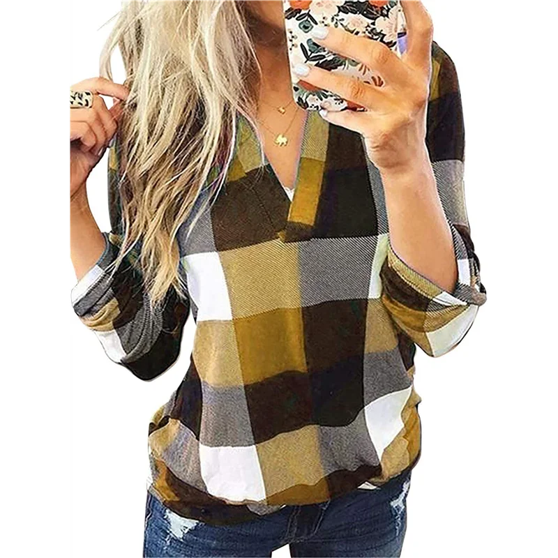 ABP-Camisetas de trabajo de manga larga con puños y estampado a cuadros con cuello en V informal básico para mujer