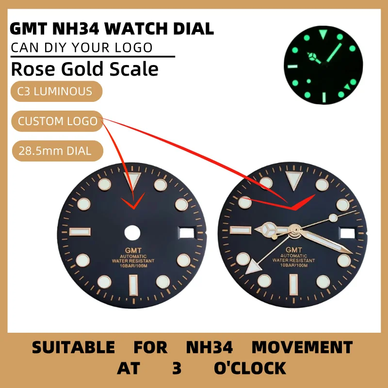 28,5 mm GMT calendario singolo scala in oro rosa quadrante dell'orologio a quattro aghi adatto al movimento NH34 NH35 NH36 quadrante dell'orologio da uomo lancette luminose