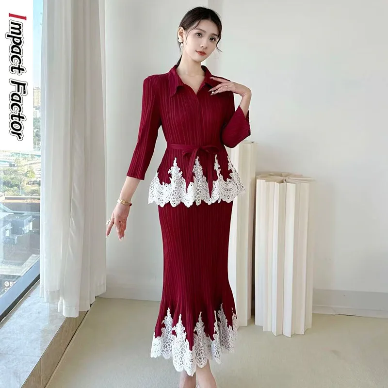 

Элегантный женский костюм-двойка Miyake: модный, комфортный, с отложным воротником, повседневный, свободный, с длинными рукавами