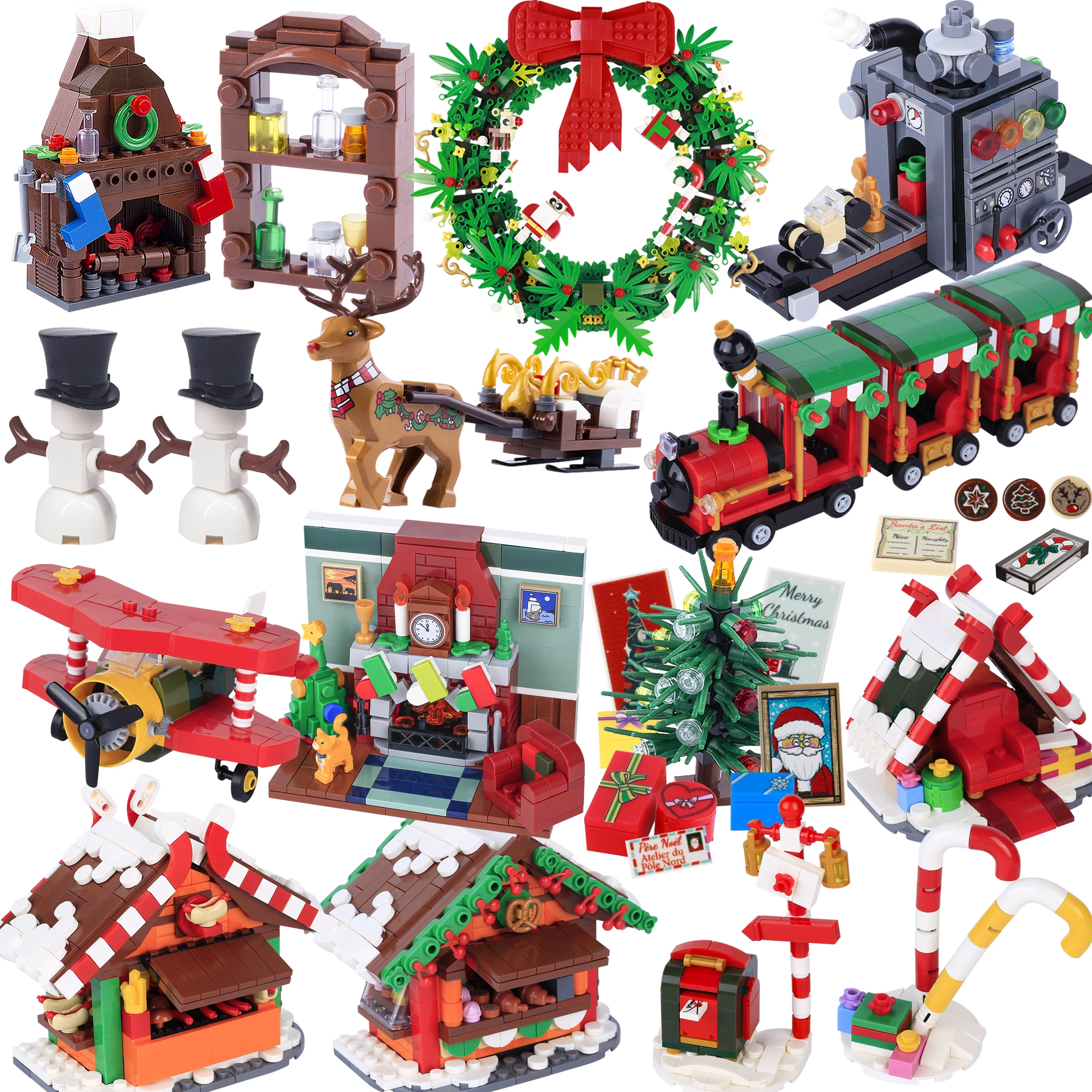 MOC Christmas Fireplace Building Blocks Santa Claus's Sleigh Wine Cabinet Couch Snowman Snowy Streets View Bricks Toys Boys Gift