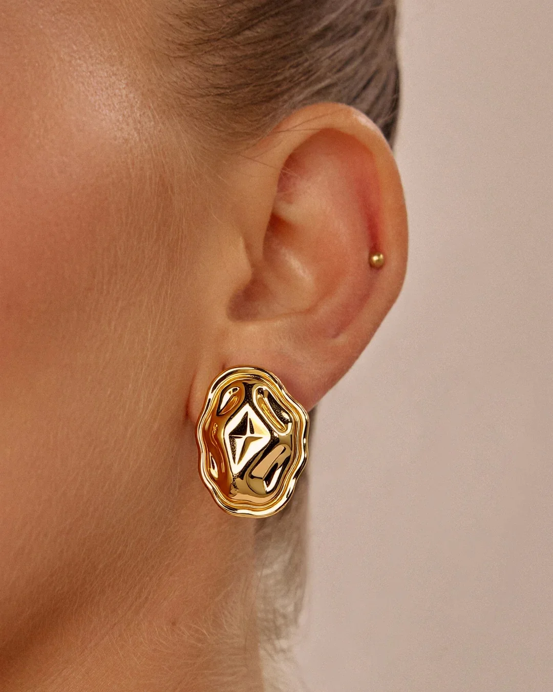 빈티지 타원형 불규칙 해머드 스터드 귀걸이 스테인리스 스틸 18K 금도금 패션 쥬얼리 여성용 귀 액세서리