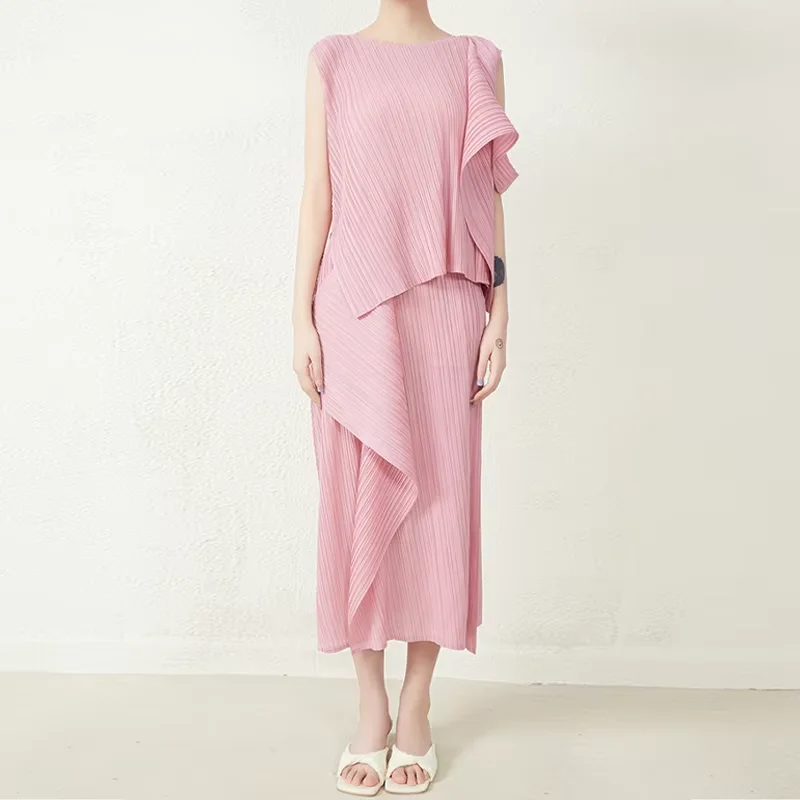 

Miyake Pleated Summer Fashion Women's 2-Piece Set Sleeveless Top and Midi Skirt