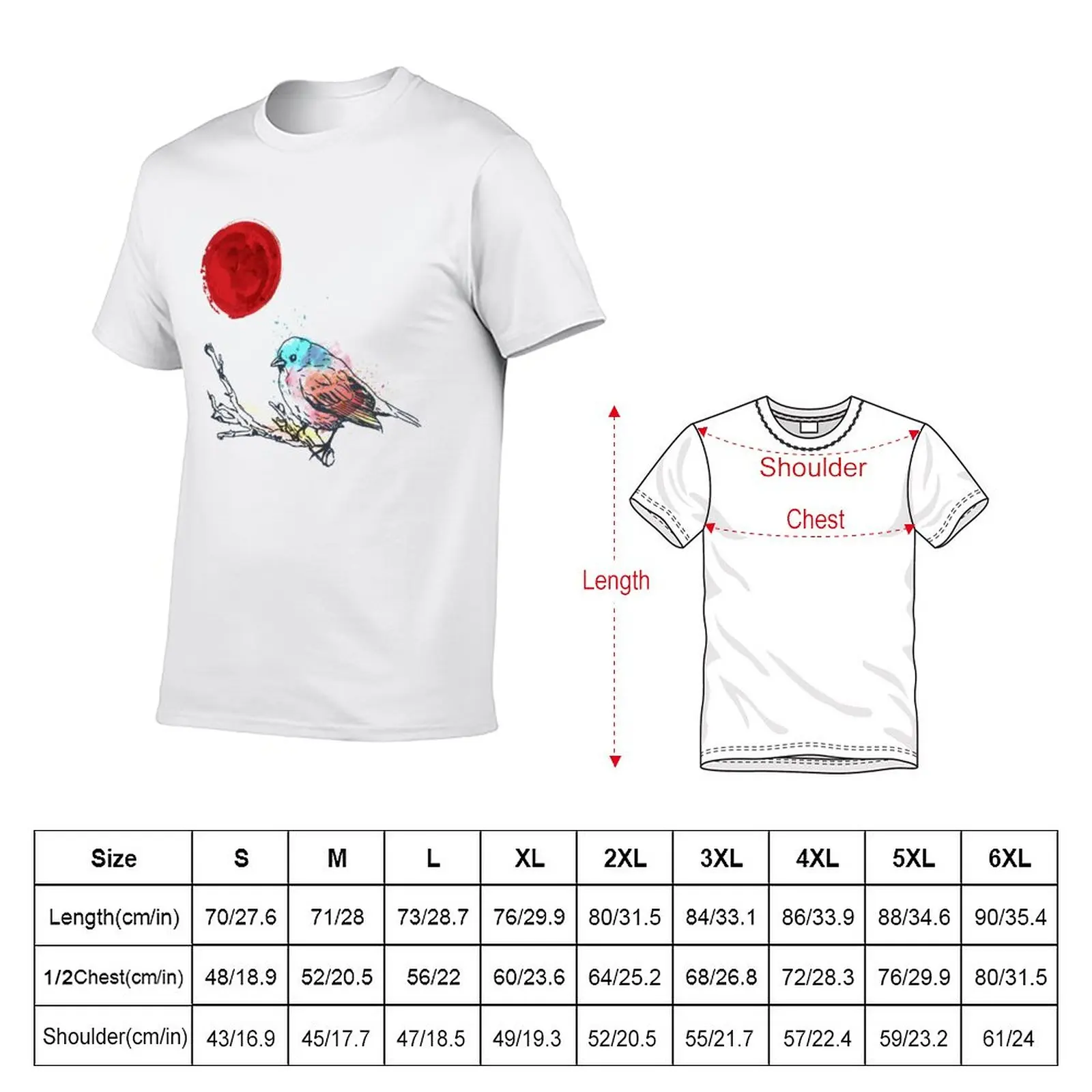 Colourful Art Bird On Tree and Japanese Red Moon Style T-Shirt graphics t shirt cute tops sublime t shirt mens workout shirts