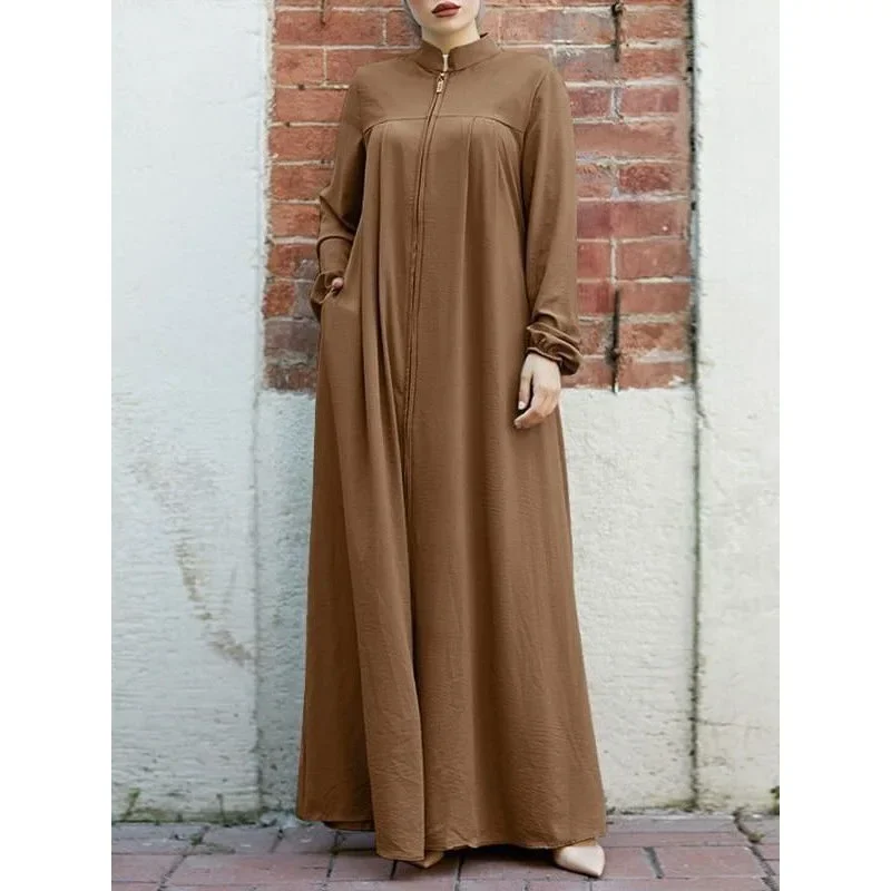 

Fashion Muslim Maxi Dresses for Women Arabic Style Standing Collar Zipper Cardigan Abayas for Women Saudi Arabia Dubai Abaya