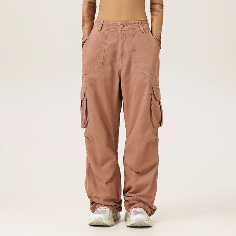 Calça cargo masculina 100% algodão, leve, ajuste relaxado, queimada e até o chão – calça masculina lavada de perna reta com cordão de torno dos tornozelos