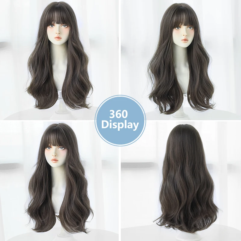 7JHH WIGS Fashion Wavy Light Brown Wig for Women Daily Use High Density Synthetic Layered Hair Wigs with Bangs Beginner Friendly