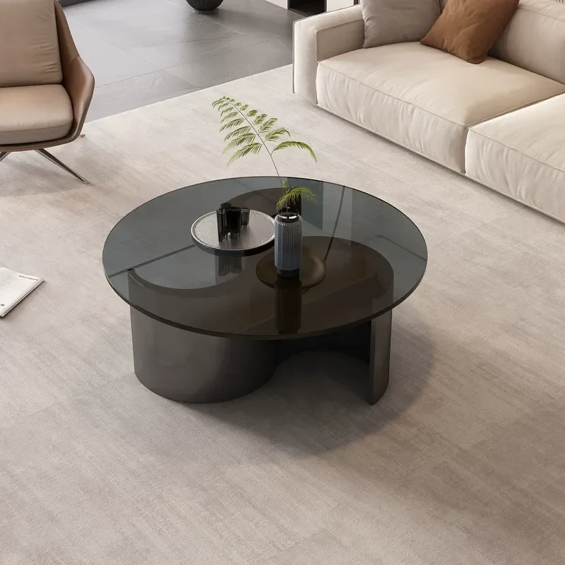 2025 New Italian Light Luxury Black Glossy Round Living Room Modern Simple Tempered Glass Coffee Table Combination
