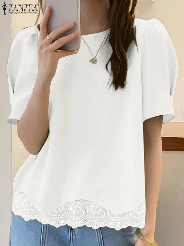 ZANZEA Women Patchwork Blouse Fashion Short Sleeve Tunic O Neck Summer Blusas 2025 Oversized Ruffled Tops Fashion Lady Wears
